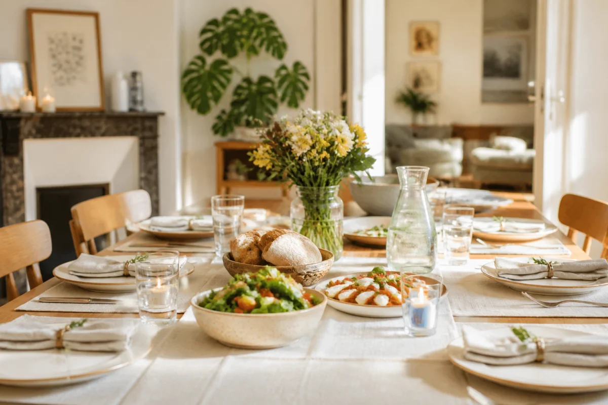 Table familiale chaleureusement dressée pour un repas en famille le week-end, avec plats simples, fleurs fraîches et lumière naturelle