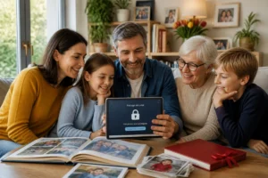 Famille réunie autour d’une tablette pour sécuriser et partager ses photos de famille, symbole de cadenas visible
