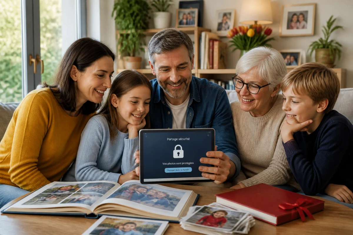 Famille réunie autour d’une tablette pour sécuriser et partager ses photos de famille, symbole de cadenas visible