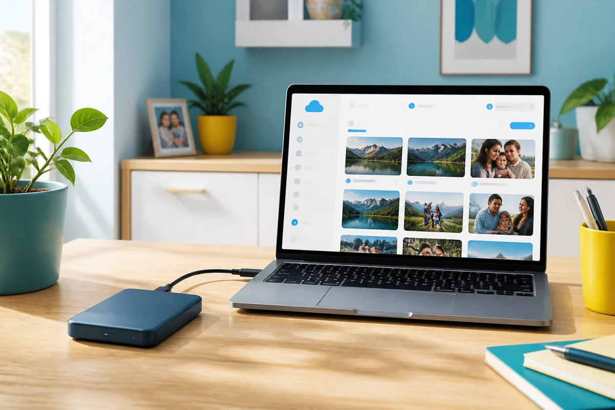 Disque externe et stockage en ligne affichant des photos de famille numérisées pour sécuriser ses photos de famille durablement