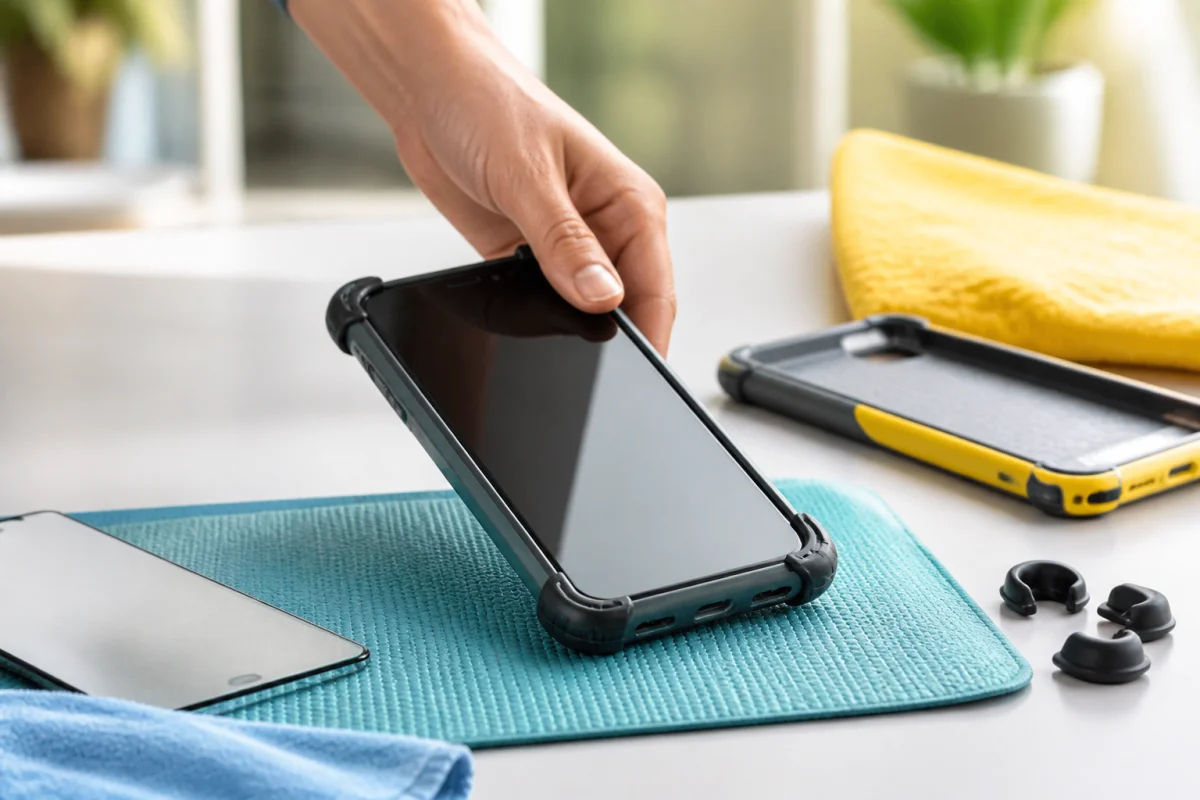 Smartphone protégé par une coque renforcée, avec accessoires de protection pour sécuriser son smartphone au quotidien