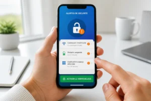 Smartphone affichant des alertes de sécurité, tandis qu’une main s’apprête à activer le verrouillage.
