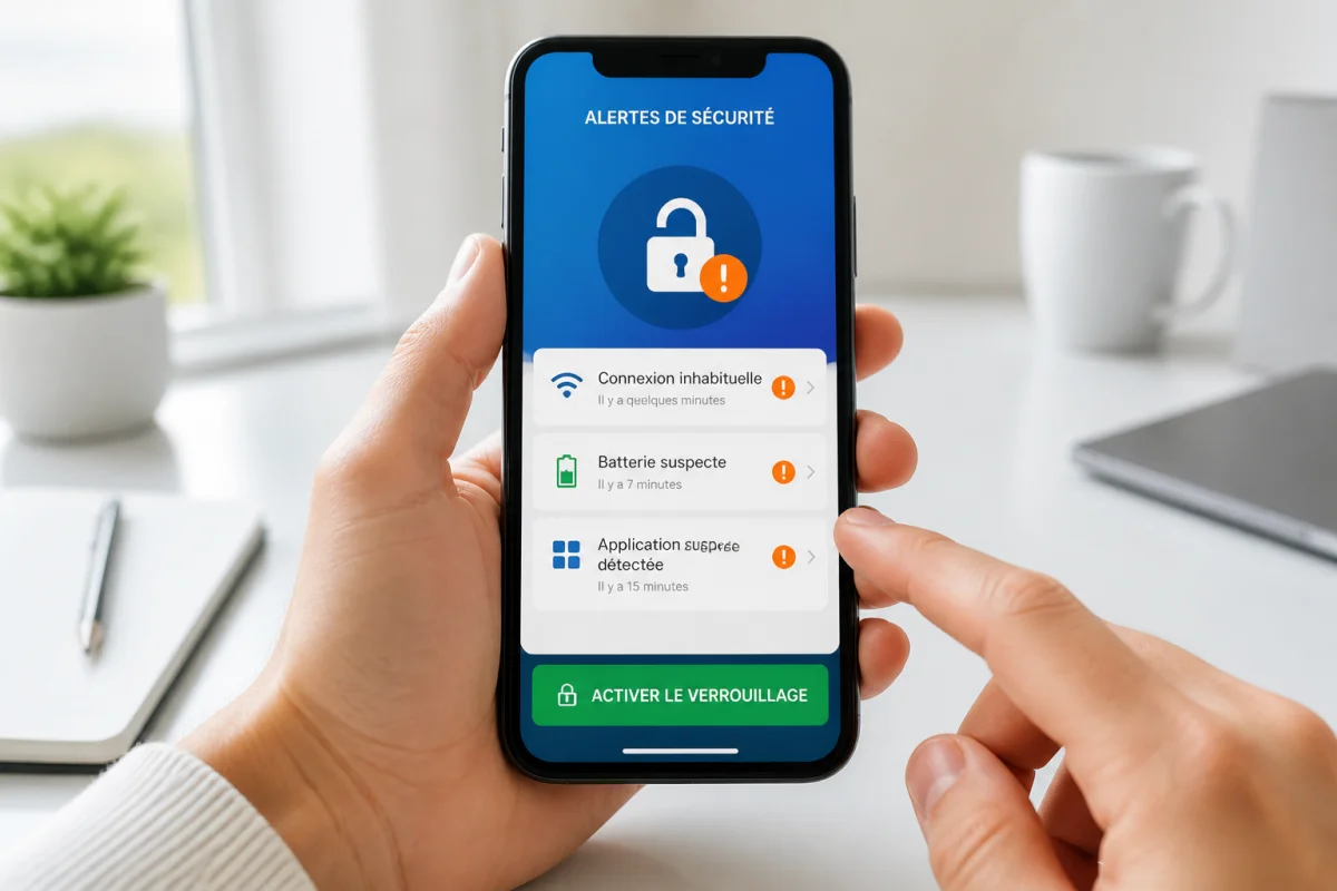 Smartphone affichant des alertes de sécurité, tandis qu’une main s’apprête à activer le verrouillage.