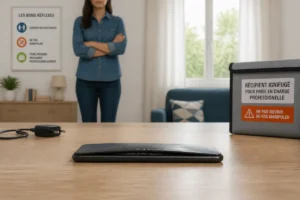 Smartphone déformé et écran soulevé, isolé sur une surface incombustible, illustrant les réflexes de sécurité recommandés.