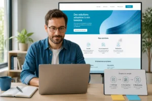 Professionnel organisant son projet sur ordinateur, avec interface web Thanos et schéma de progression en trois étapes