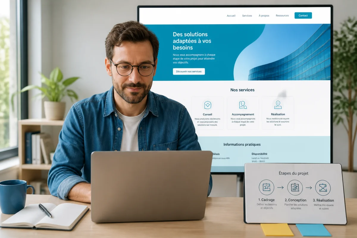Professionnel organisant son projet sur ordinateur, avec interface web Thanos et schéma de progression en trois étapes